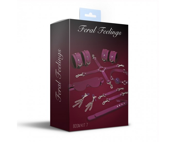 Набір Feral Feelings BDSM Kit 7 Burgundy, наручники, поножі, конектор, маска, падл, кляп, затискачі