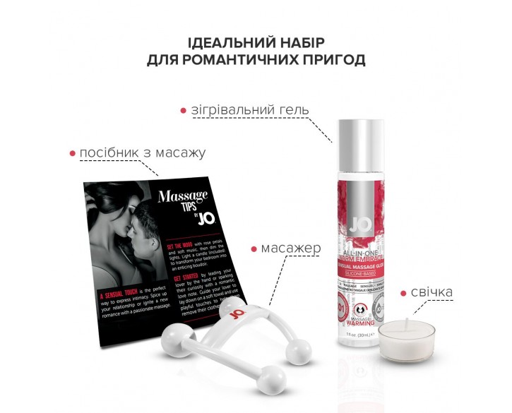 Набір для масажу System JO ALL IN ONE MASSAGE GIFT SET: розігрівальний гель, масажер і свічка