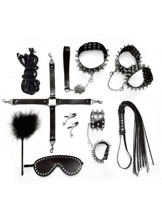 Набір Art of Sex - Spikes BDSM Set Leather, 10 предметів, натуральна шкіра, Чорний