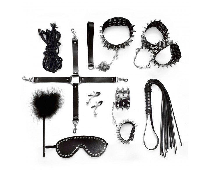 Набір Art of Sex - Spikes BDSM Set Leather, 10 предметів, натуральна шкіра, Чорний