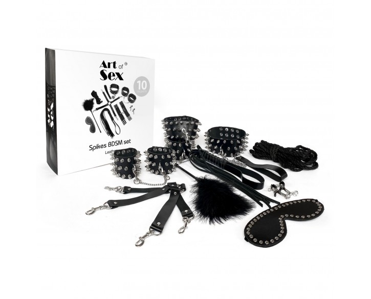 Набір Art of Sex - Spikes BDSM Set Leather, 10 предметів, натуральна шкіра, Чорний