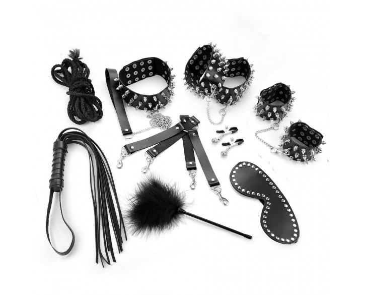 Набір Art of Sex - Spikes BDSM Set Leather, 10 предметів, натуральна шкіра, Чорний