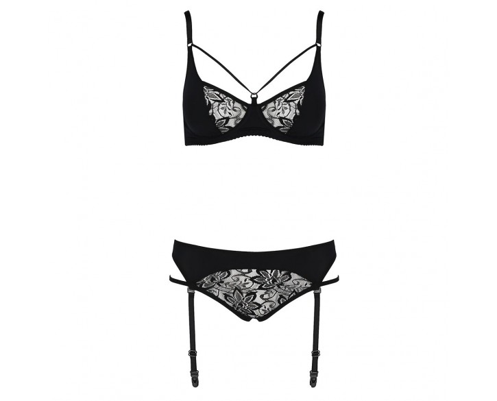 Комплект білизни PAULINE SET black S/M - Passion: стрепи: ліф, стрінги і пояс для панчох