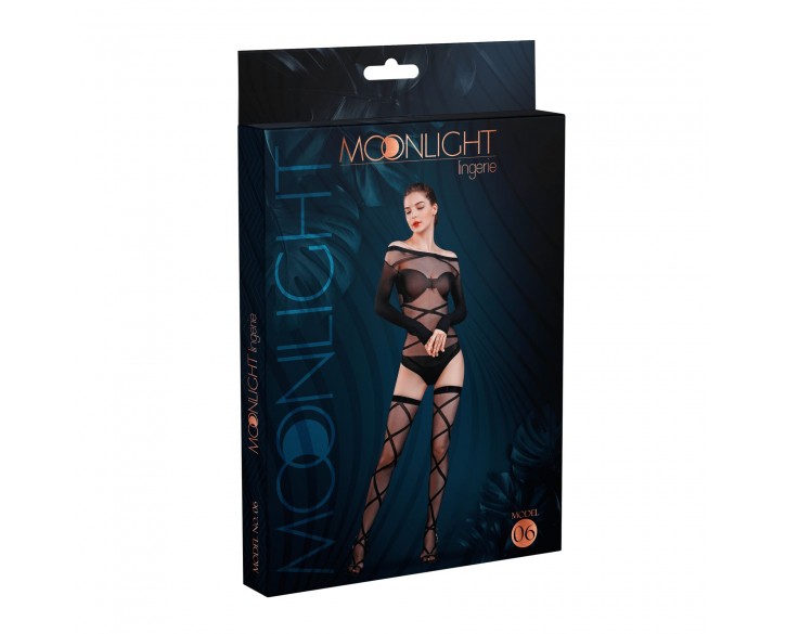 Комплект: боді та панчохи Moonlight Model 06 XS-L Black, довгі рукави, малюнок у вигляді ліфа, силуе