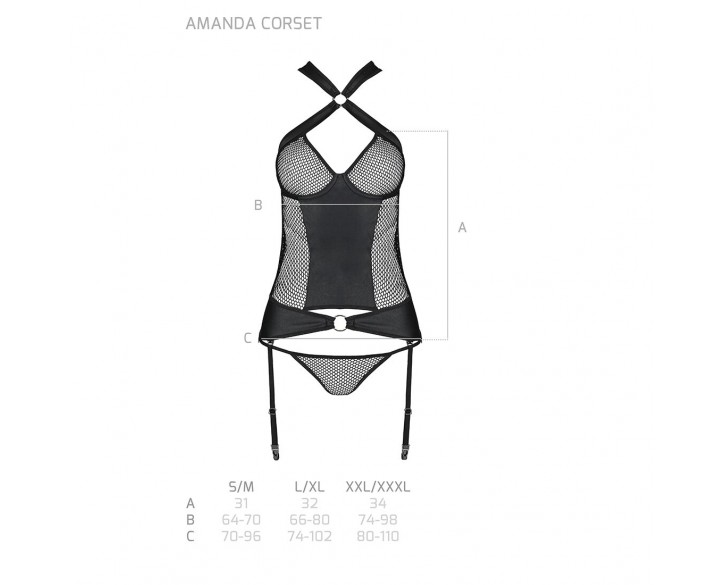 Сітчастий комплект корсет з халтером, зйомні підв'язки та трусики Amanda Corset black S/M - Passion