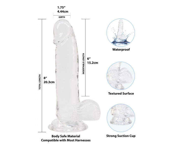 Прозорий фалоімітатор на присосці ADDICTION — Clear Dildo with Balls 8″, віброкуля в подарунок