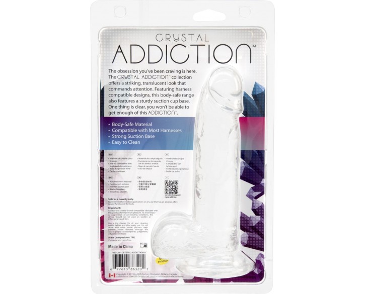 Прозорий фалоімітатор на присосці ADDICTION — Clear Dildo with Balls 8″, віброкуля в подарунок