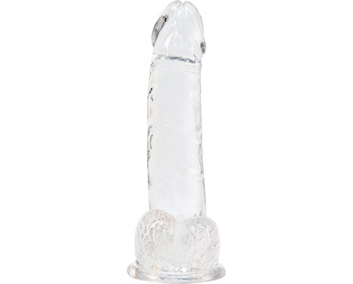 Прозорий фалоімітатор на присосці ADDICTION — Clear Dildo with Balls 8″, віброкуля в подарунок