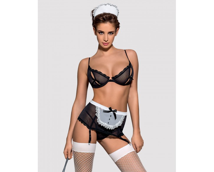 Еротичний костюм покоївки Obsessive Maidme set 5pcs S/M, бюстгальтер, пояс з фартухом, панчохи, стрі