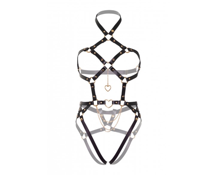 Портупея-тедді з екошкіри Leg Avenue Heart ring harness teddy S Black, підвіска-сердечко, ланцюги