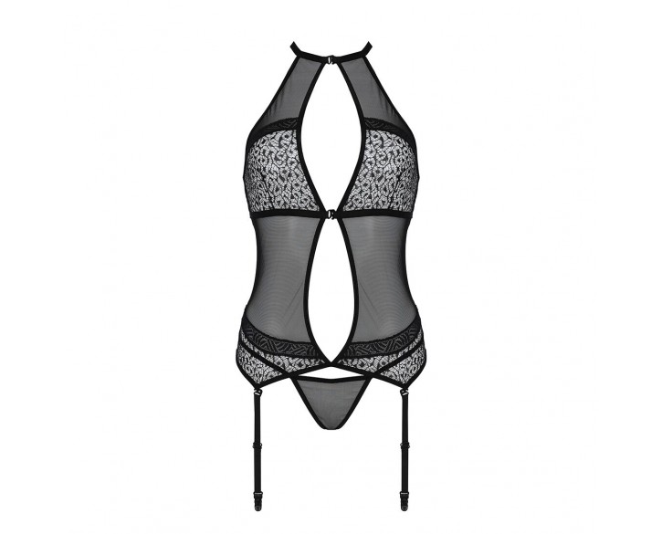 Корсет з пажами Passion SATARA CORSET L/XL black, стрінги, мереживо, застібки спереду та ззаду