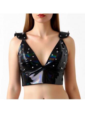 Лакований вініловий ліф з шипами Art of Sex - Mistress, чорний з ефектом голограми, розмір L