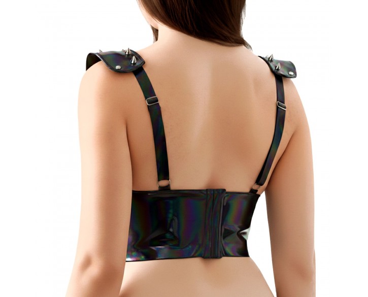 Лакований вініловий ліф з шипами Art of Sex - Mistress, чорний з ефектом голограми, розмір L