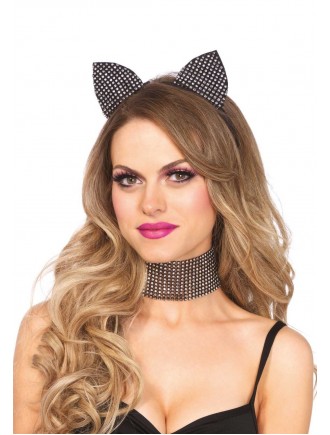 Набір кішечки зі стразами Leg Avenue Cat ear headband & choker set, широкий чокер та вушка