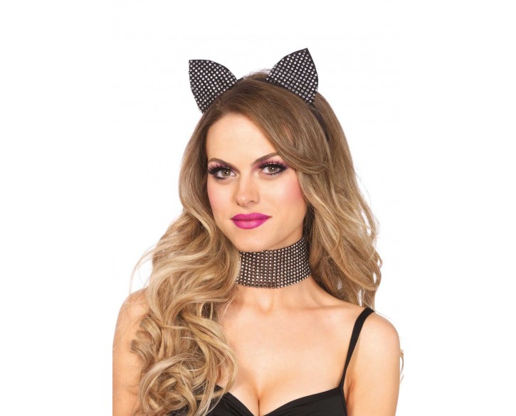 Набір кішечки зі стразами Leg Avenue Cat ear headband & choker set, широкий чокер та вушка