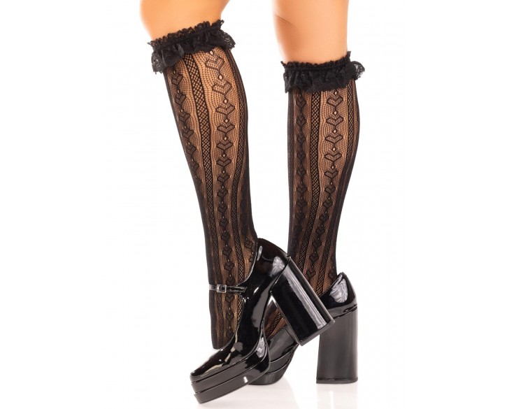 Шкарпетки ажурні з рюшами Leg Avenue Sweetheart Ruffle Cuff Knee Highs Black, високі