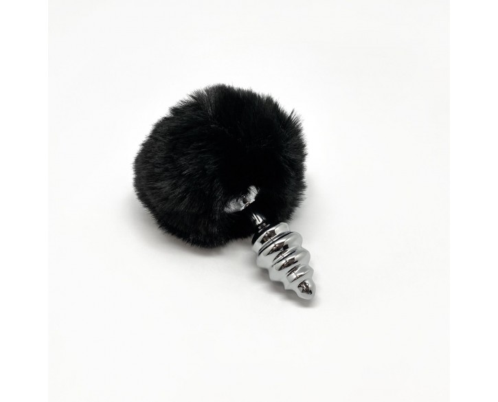 Металева анальна пробка Кролячий хвостик Alive Fluffy Twist Plug S Black, діаметр 2,9 см