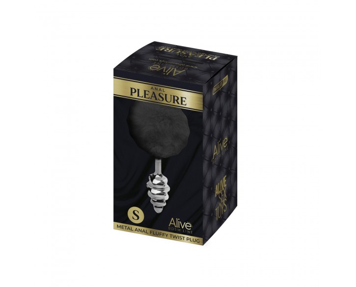 Металева анальна пробка Кролячий хвостик Alive Fluffy Twist Plug S Black, діаметр 2,9 см