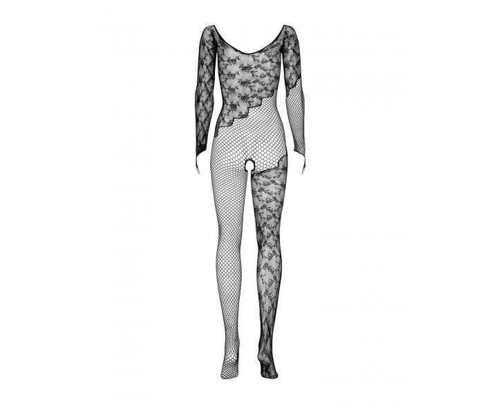 Бодістокінг Obsessive Bodystocking F210 S/M/L black, рукава-мітенки, сітка, кольорове мереживо