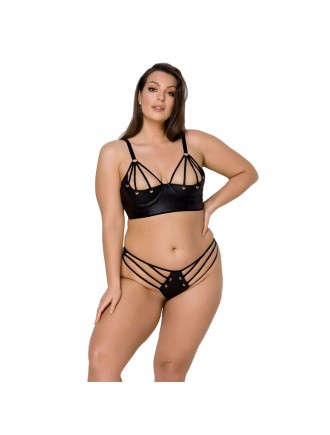 Комплект з екошкіри Passion Malwia Bikini 4XL/5XL black, з люверсами та ремінцями, бра, трусики