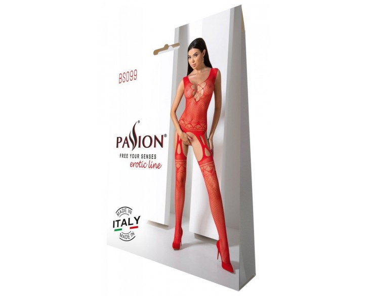 Бодістокінг з плетінням на грудях Passion BS099 One Size, red, відкритий доступ, імітація підв’язок