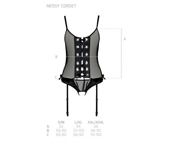 Корсет зі шнурівкою Passion NESSY CORSET XXL/XXXL black, стрінги з відкритим доступом, пажі для панч