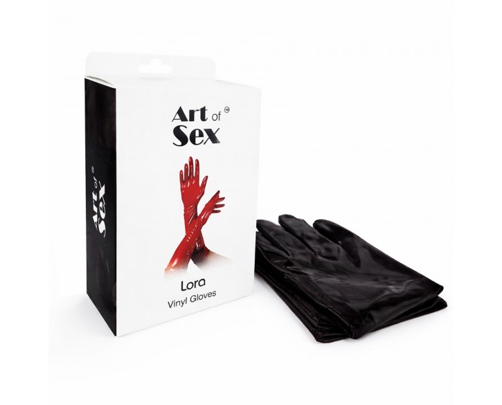 Вінілові рукавички Art of Sex - Lora, розмір S, колір чорний з ефектом мокрого оксамиту