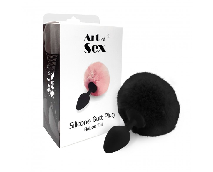 Силіконова анальна пробка М Art of Sex - Silicone Bunny Tails Butt plug Black, діаметр 3,5 см