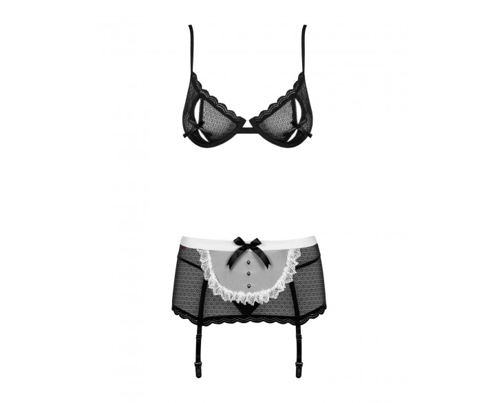 Еротичний костюм покоївки Obsessive Maidme set 5pcs L/XL, бюстгальтер, пояс з фартухом, панчохи, стр