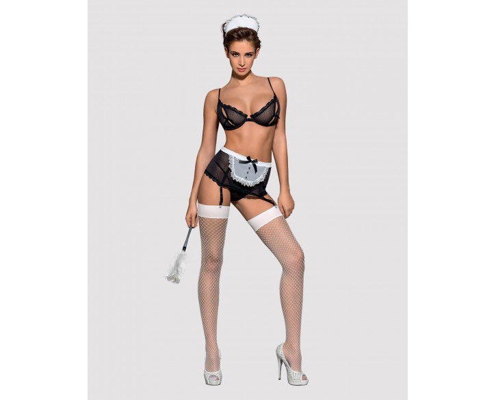 Еротичний костюм покоївки Obsessive Maidme set 5pcs L/XL, бюстгальтер, пояс з фартухом, панчохи, стр