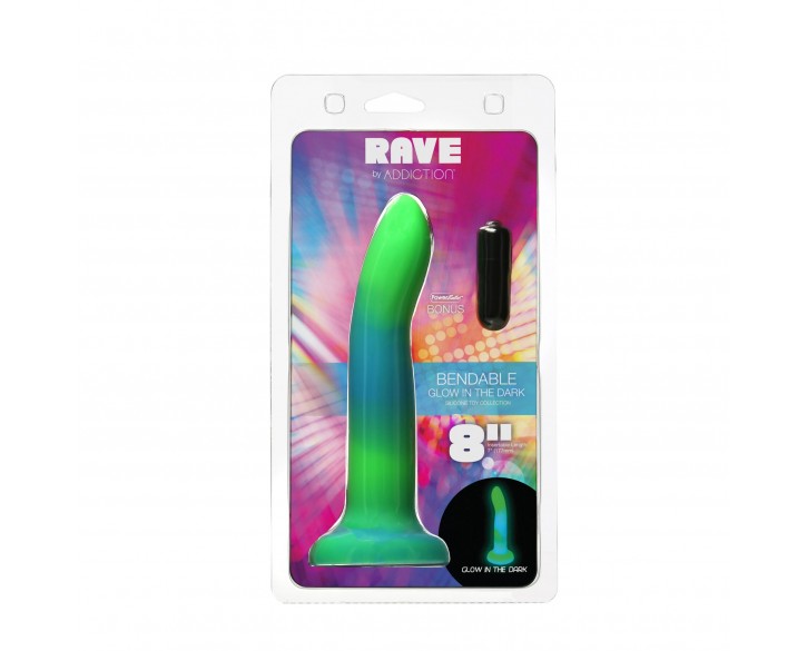 Фалоімітатор, що світиться в темряві, ADDICTION Rave 8″, Glow in the Dark Dildo Blue Green, 20,3 см