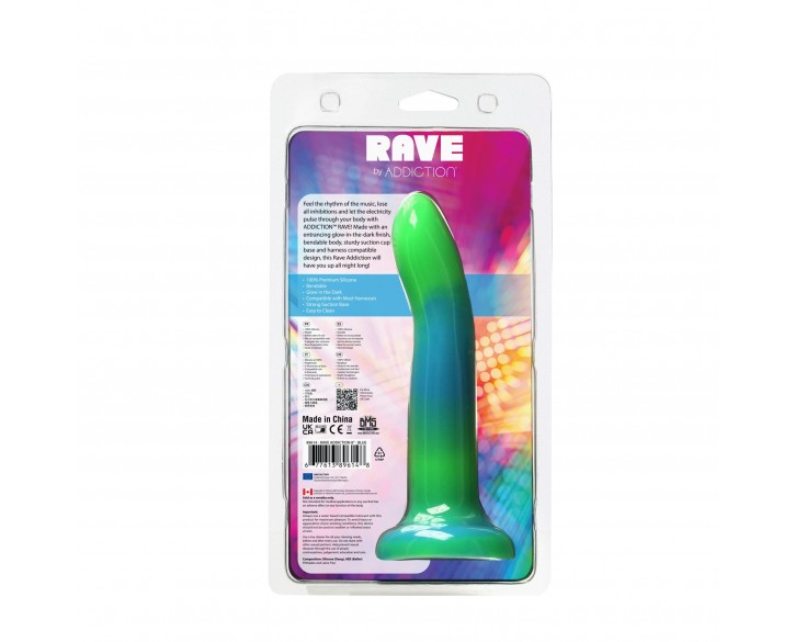 Фалоімітатор, що світиться в темряві, ADDICTION Rave 8″, Glow in the Dark Dildo Blue Green, 20,3 см