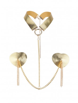 Пестис-сердечка з пензликами та чокером JSY Nipple Sticker RT236114 Golden