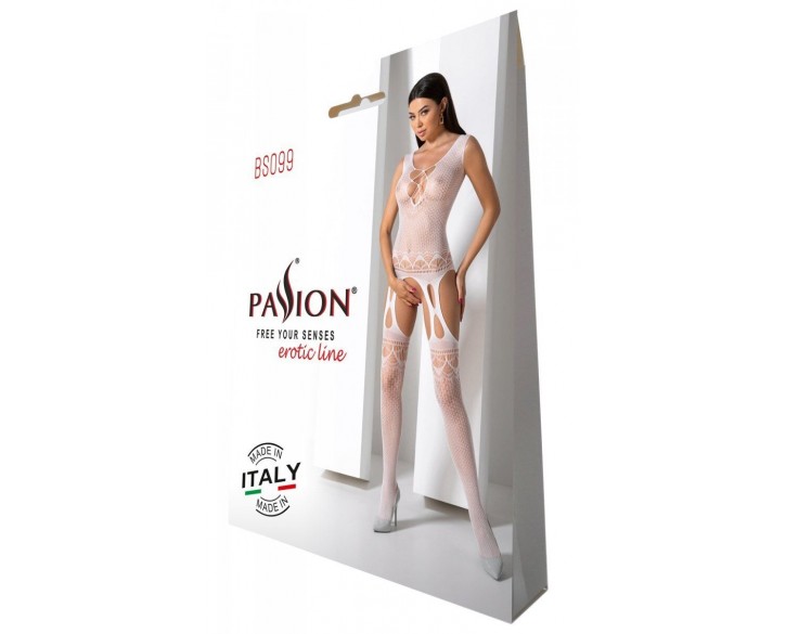 Бодістокінг з плетінням на грудях Passion BS099 One Size, white, відкритий доступ, імітація підв’язо