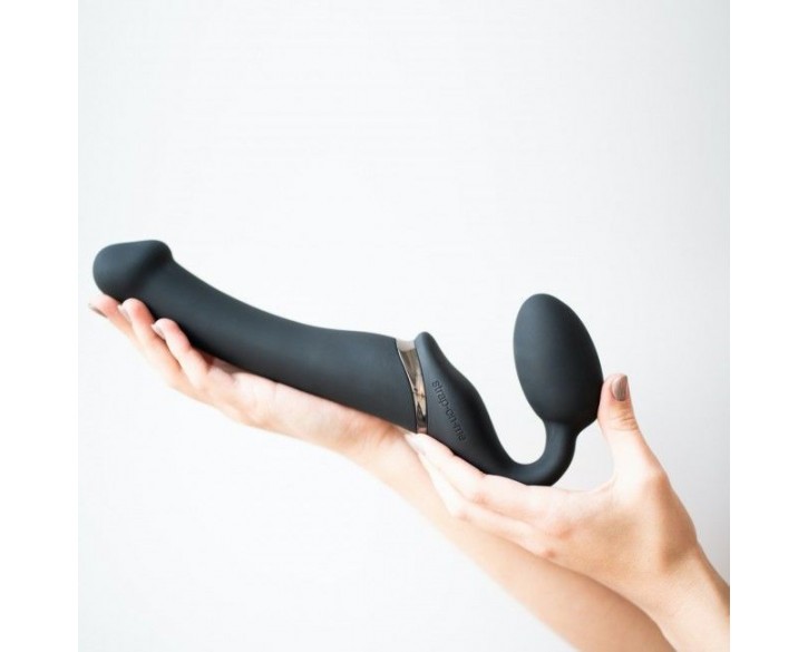 Безремінний страпон з вібрацією Strap-On-Me Vibrating Black M, діаметр 3,3 см, пульт ДК, регульовани