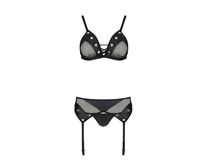 Комплект білизни Passion NESSY SET L/XL black, бюстгальтер, пояс для панчіх, стрінги