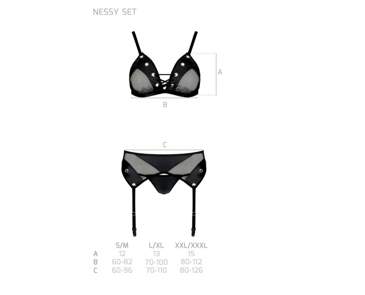 Комплект білизни Passion NESSY SET L/XL black, бюстгальтер, пояс для панчіх, стрінги