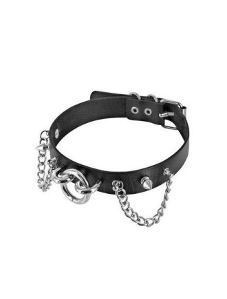 Нашийник ланцюжками, шипами і кільцем Fetish Tentation Choker Rings and Chains, екошкіра