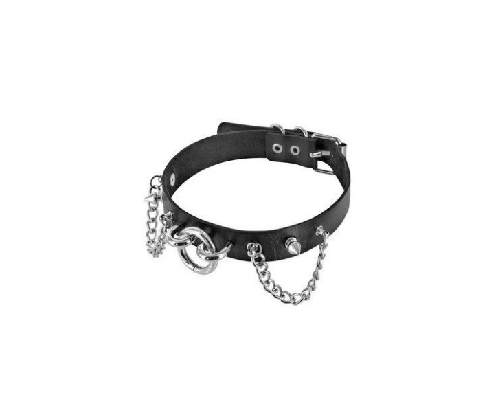 Нашийник ланцюжками, шипами і кільцем Fetish Tentation Choker Rings and Chains, екошкіра