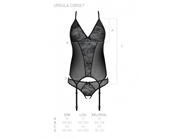 Корсет із пажами, трусики з ажурним декором та відкритим кроком Ursula Corset black L/XL — Passion