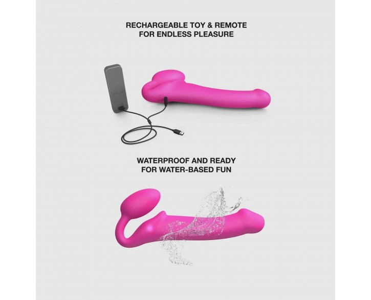 Безремінний страпон з вібрацією Strap-On-Me Vibrating Fuchsia M, діаметр 3,8 см, пульт ДК, регульований