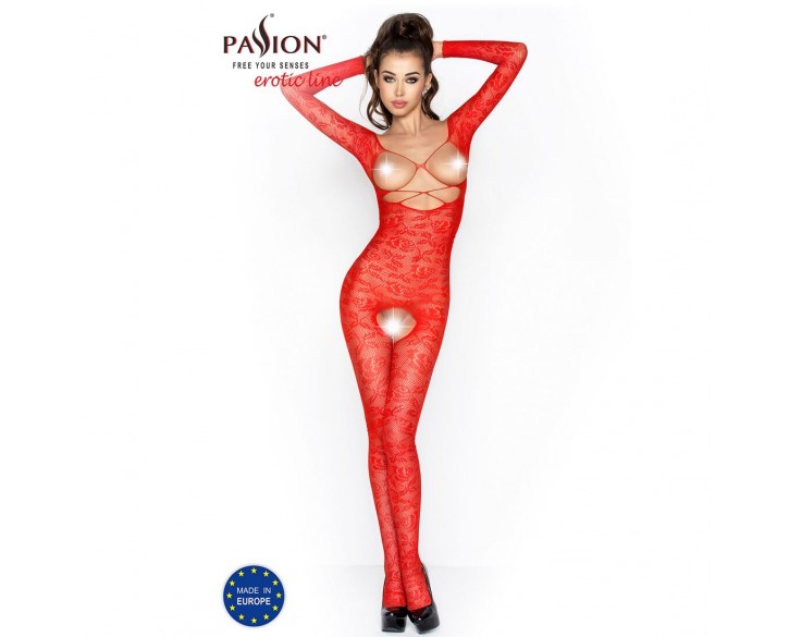 Бодістокінг Passion BS031 red, комбінезон з відкритими грудьми