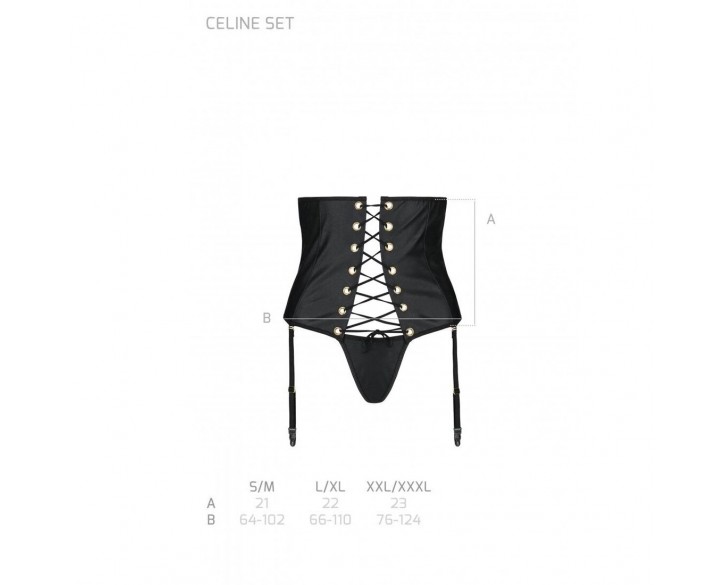 Пояс-корсет з екошкіри Celine Set black L/XL — Passion: шнурівка, знімні пажі для панчіх, стрінги