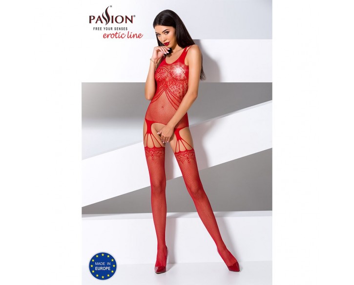 Бодістокінг Passion BS070 red, комбінезон, імітація панчох і ажурного топа