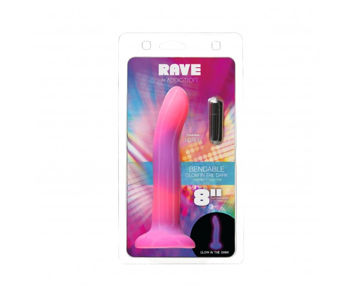 Фалоімітатор, що світиться в темряві, ADDICTION Rave 8″, Glow in the Dark Dildo Pink Purple, 20,3 см