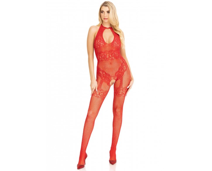 Бодістокінг Leg Avenue Rhinestone Lace and Net Bodystocking Red One Size