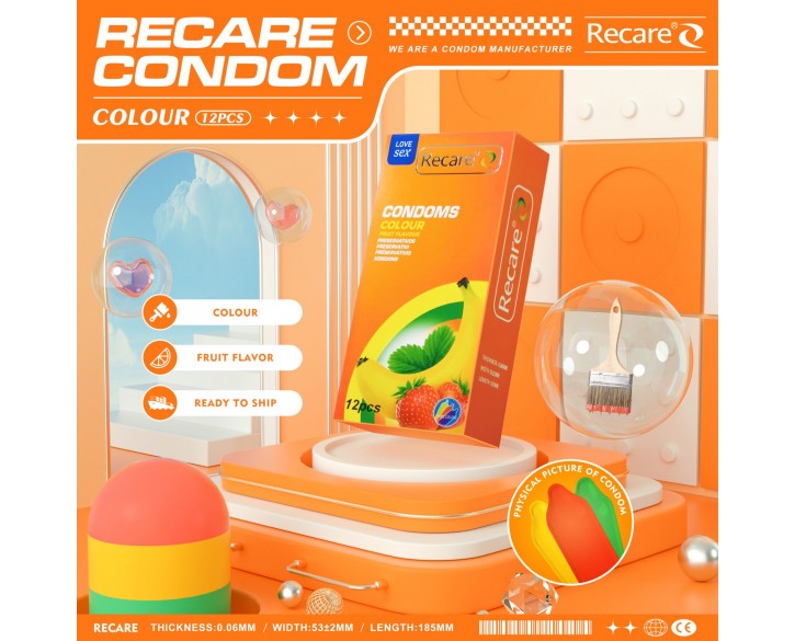 Презервативи Recare Color Fruit Flavour Condoms 12 шт, аромати: м'ята, банан, полуниця