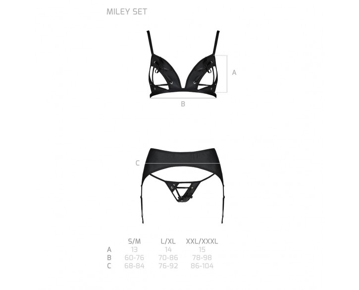 Комплект з екошкіри Passion Miley Set black L/XL: трусики, бюстгальтер, пояс для панчіх