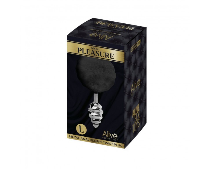 Металева анальна пробка Кролячий хвостик Alive Fluffy Twist Plug L Black, діаметр 3,8 см