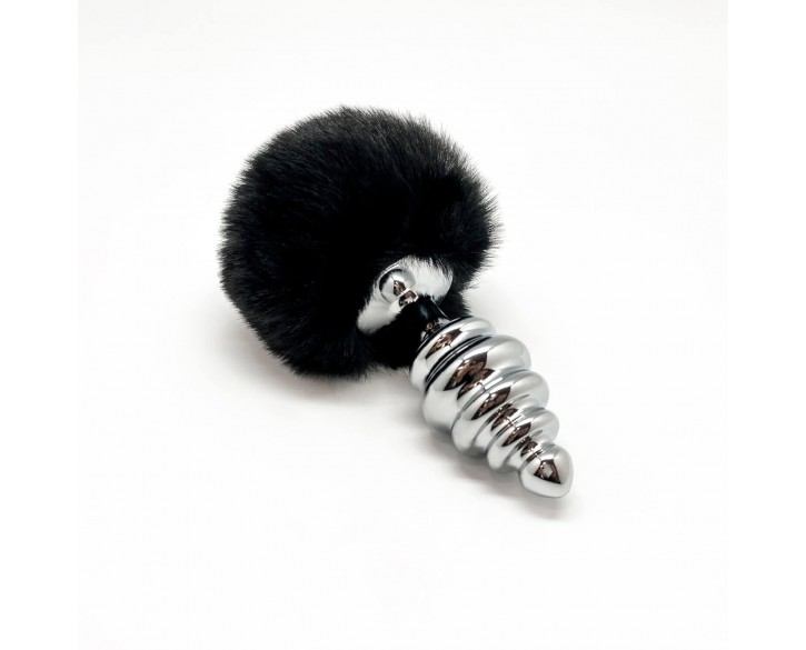 Металева анальна пробка Кролячий хвостик Alive Fluffy Twist Plug L Black, діаметр 3,8 см